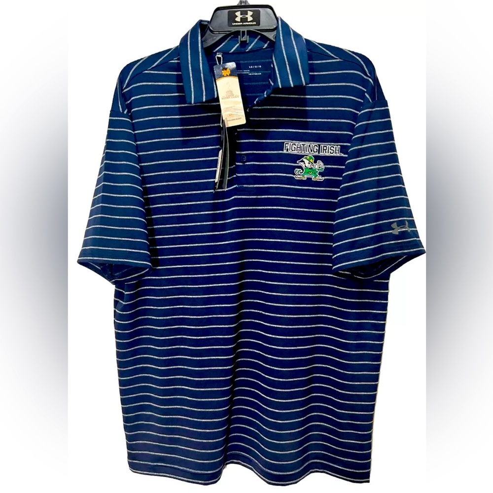 NWT! Notre Dame Fighting Irish Under Armour Navy Stripe Polo Mens Large Stitched